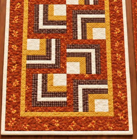 Lower end of the Harvest Hearth Log Cabin fall table runner showing the outer border and cream binding