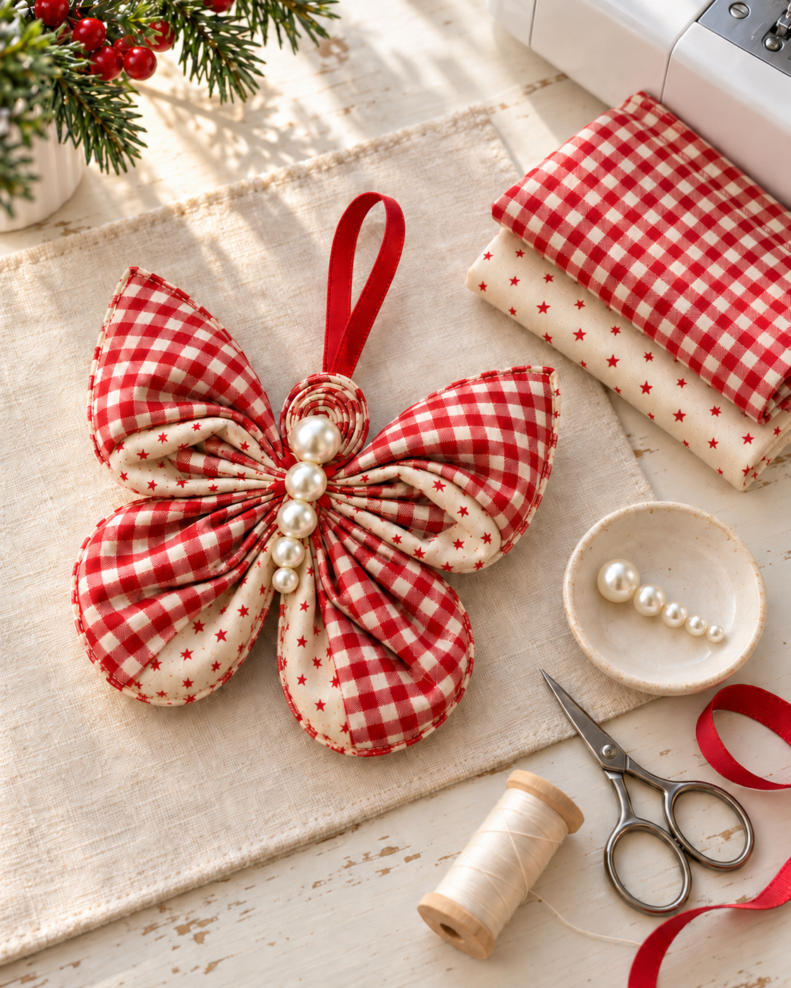 Red gingham butterfly ornament on a sewing table with fabric, pearls, thread and scissors for the DIY pattern