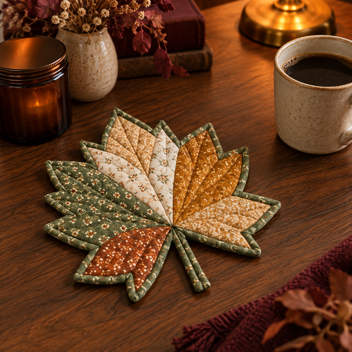 Autumn Maple mug rug on a walnut table in warm evening light