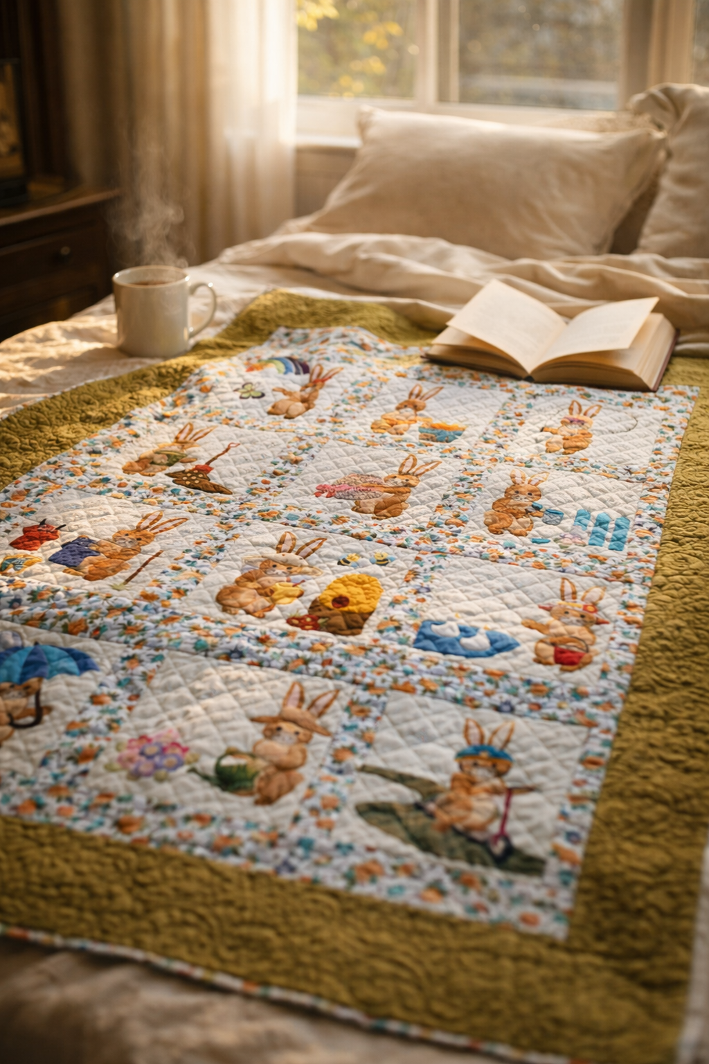 Bunny Days spring quilt on bed with book and coffee – cozy home decor quilt pattern PDF, 12 bunny appliqué blocks