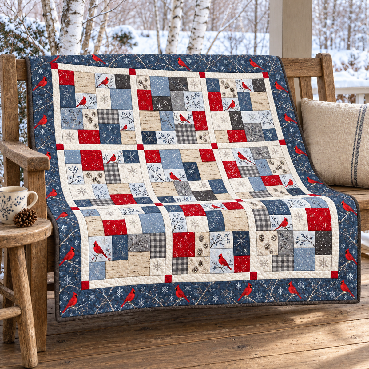 Blue, red and white cardinal throw quilt on a wooden bench on a snowy porch