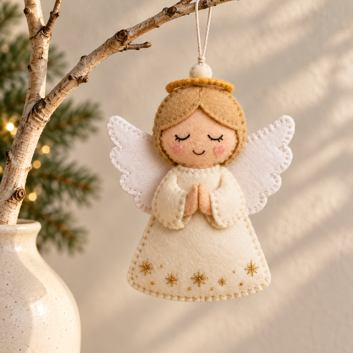 Felt angel hanging from a birch branch in a minimal cream interior