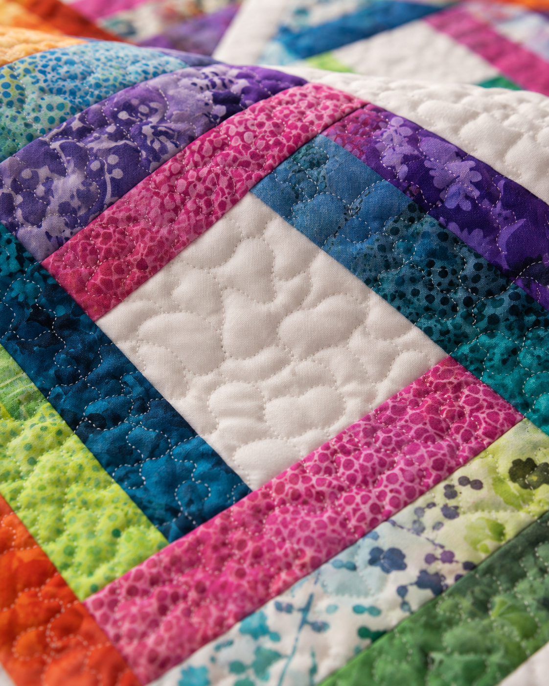 Close-up detail of Diamond Log Cabin quilt showing vibrant batik fabric strips, intricate machine quilting, and the colorful diamond patchwork construction