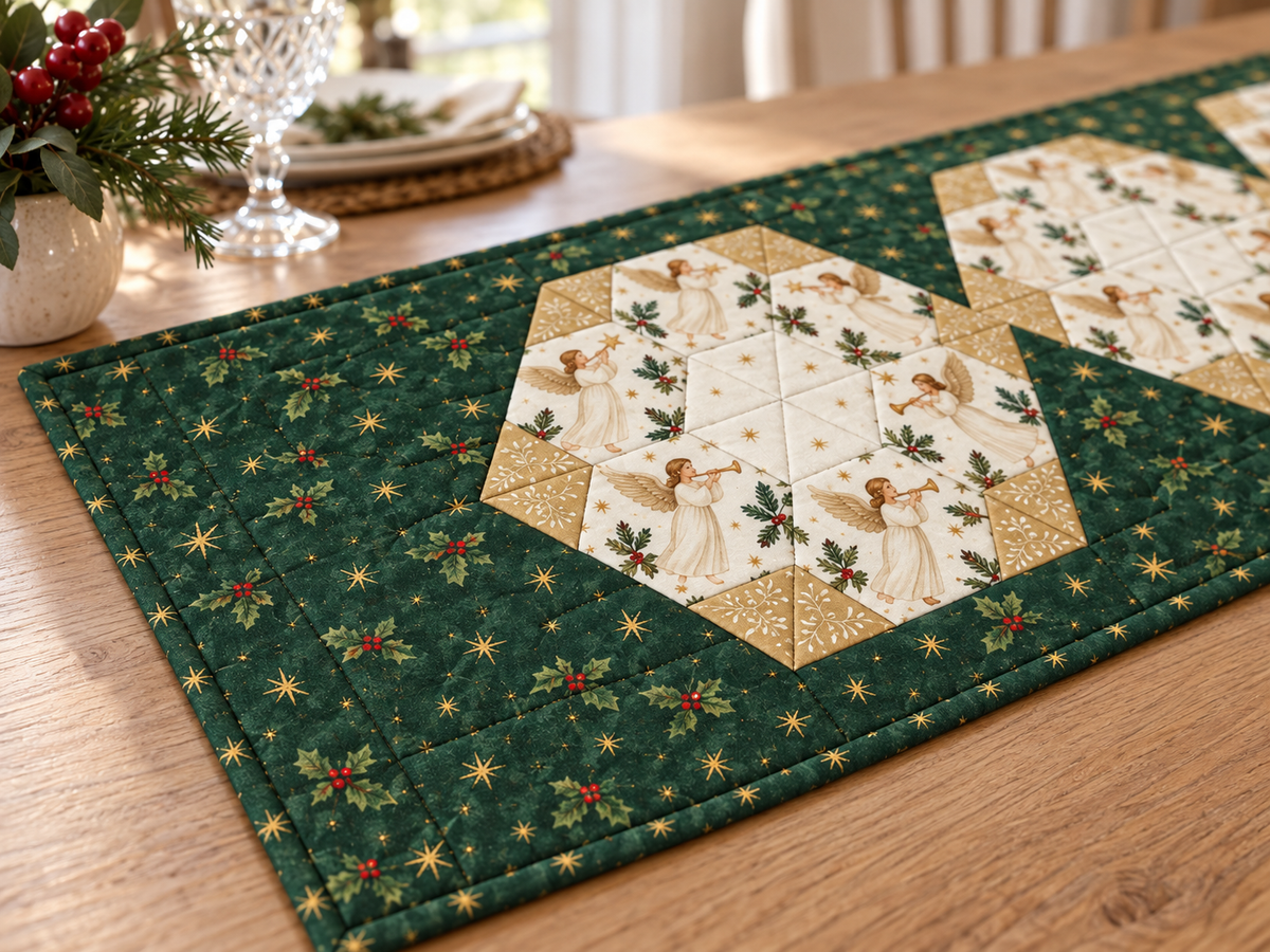 Close-up of evergreen gold-star binding, cotton texture and quilting stitches