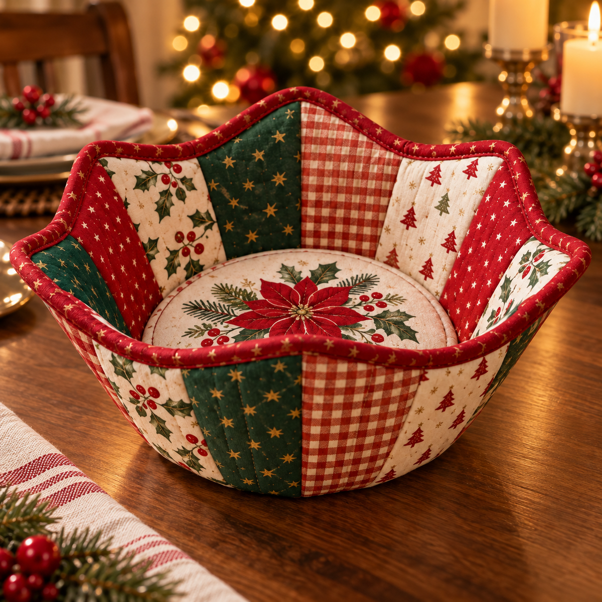 Holly Hearth Christmas bowl cozy on a dining table with warm evening holiday lights