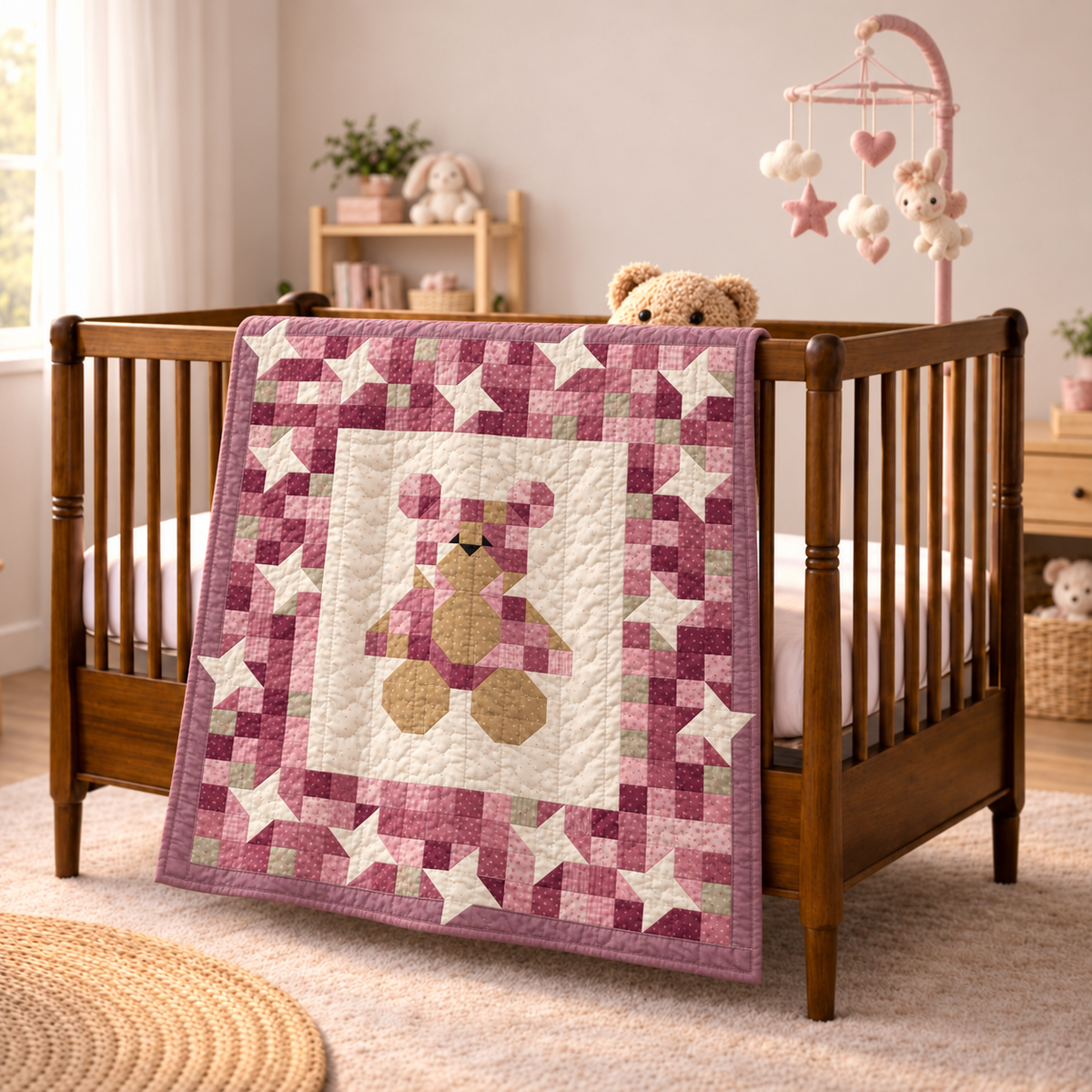 Lullaby Teddy quilt hanging on a wooden crib in a soft pink nursery