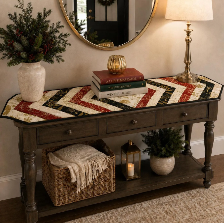 Printable braided table runner quilt pattern styled in a cozy home decor setting