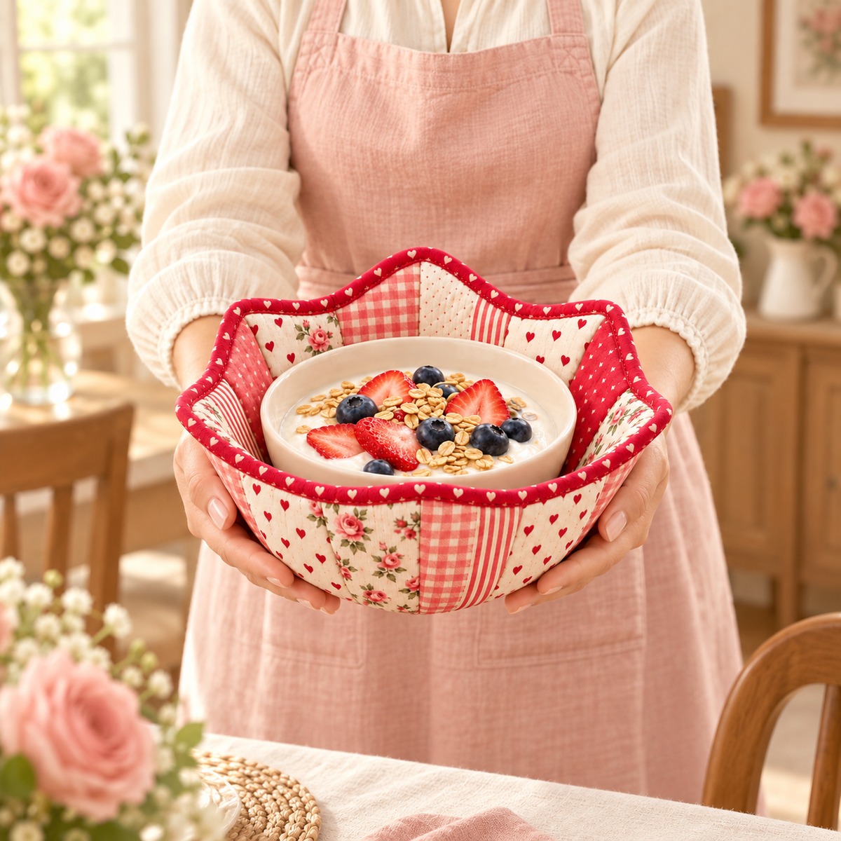 Front view of a woman in a blush apron offering the Roseheart bowl cozy with a ceramic breakfast bowl inside, face outside the frame
