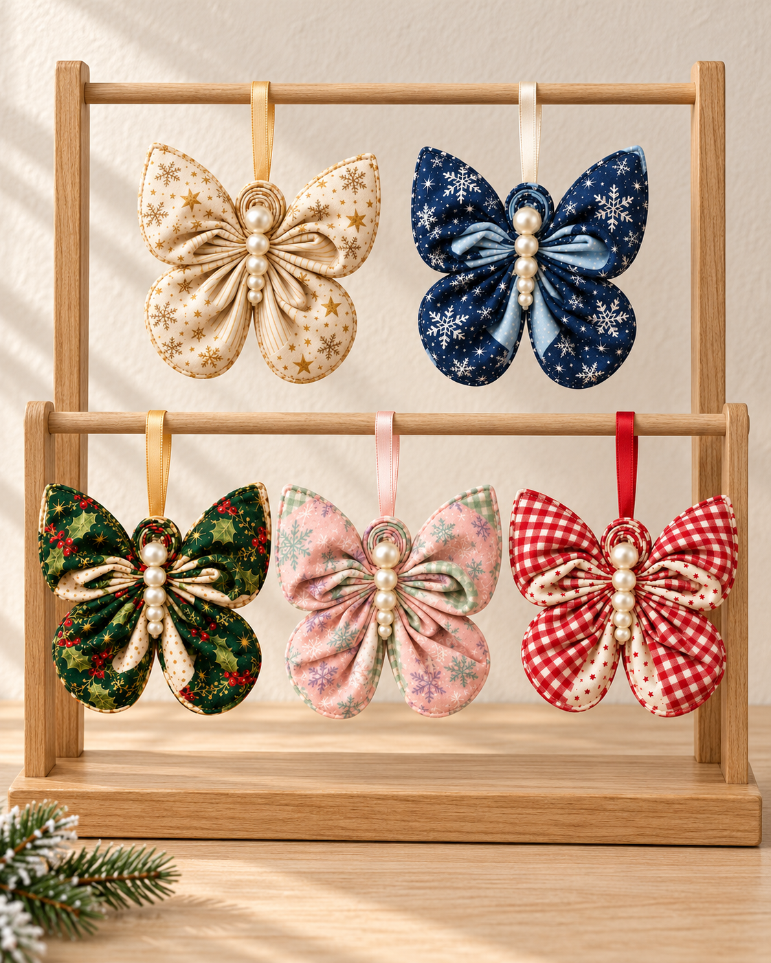 Christmas Flutter Butterflies fabric butterfly ornaments in five Christmas colorways hanging on a wooden display stand
