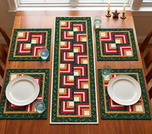 Evergreen Log Cabin Christmas quilted table runner and four placemats in holly green, berry red, gold and cream on a wooden dining table