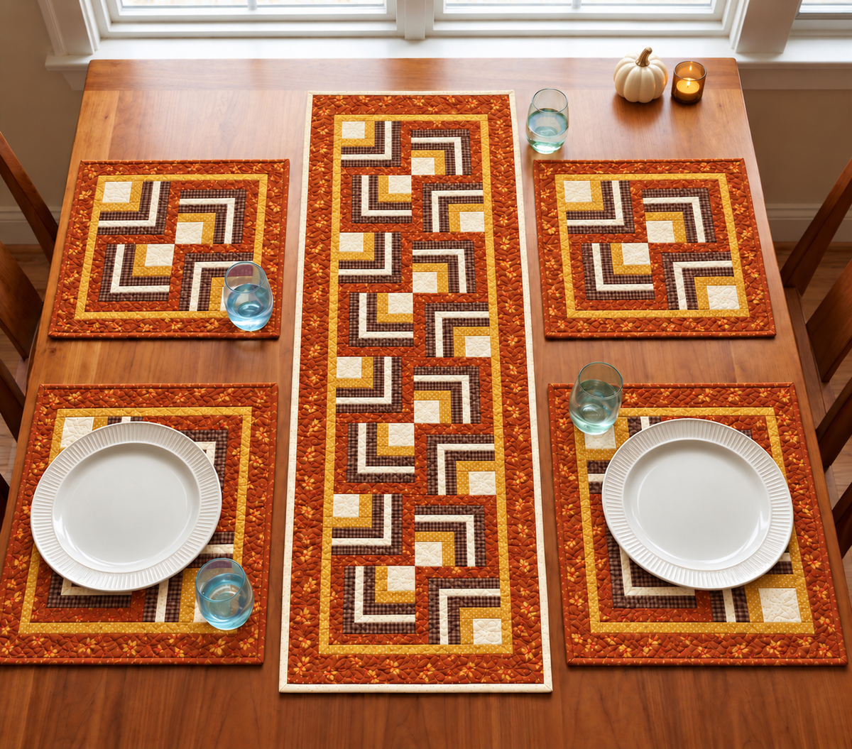 Harvest Hearth Log Cabin fall quilted table runner and four placemats in pumpkin orange, cocoa brown, mustard and cream on a wooden dining table