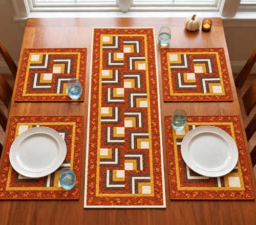Harvest Hearth Log Cabin fall quilted table runner and four placemats in pumpkin orange, cocoa brown, mustard and cream on a wooden dining table
