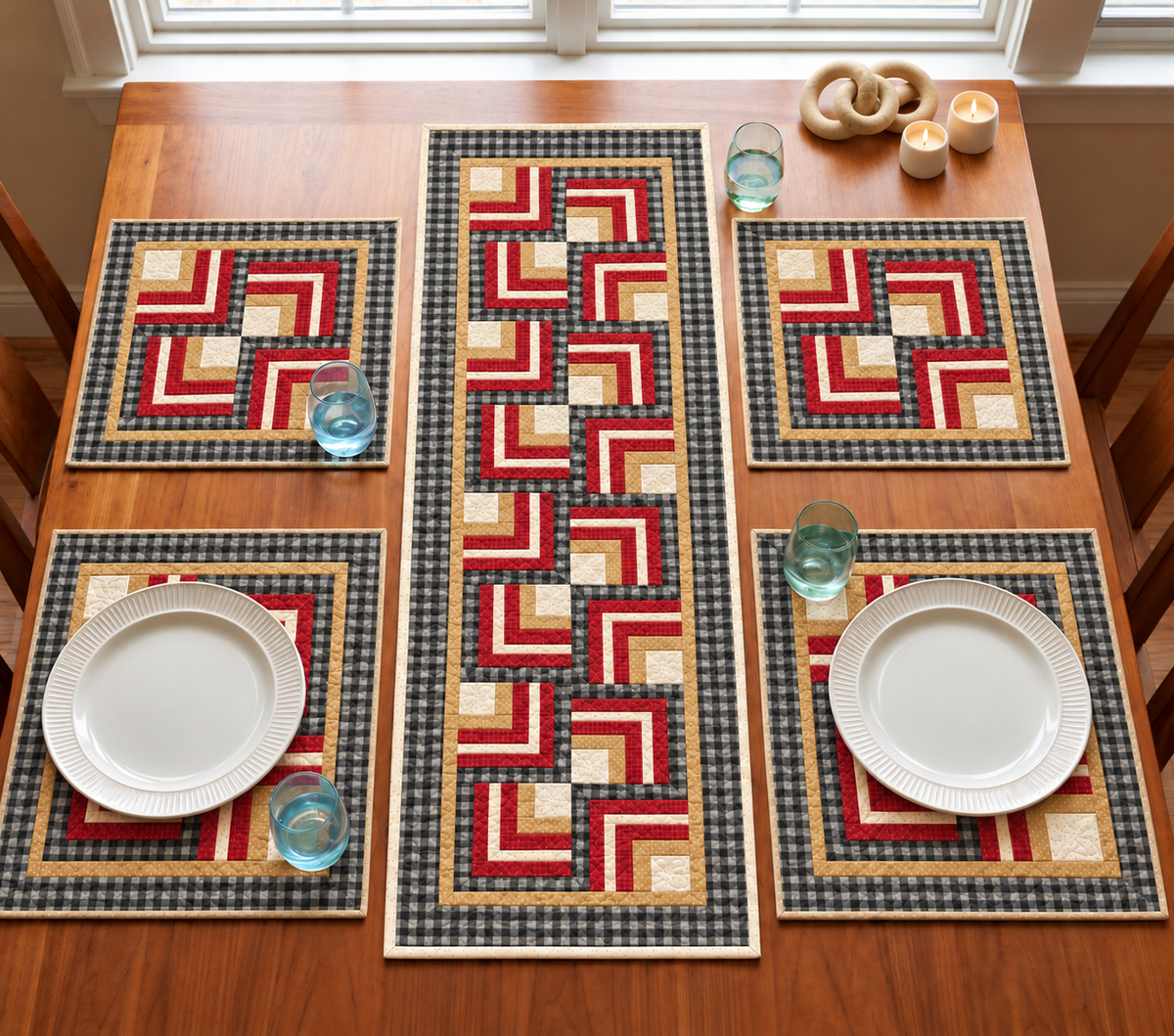 Buffalo Check Log Cabin farmhouse quilted table runner and four placemats in black buffalo check, barn red, tan and cream on a wooden dining table