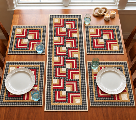 Buffalo Check Log Cabin farmhouse quilted table runner and four placemats in black buffalo check, barn red, tan and cream on a wooden dining table