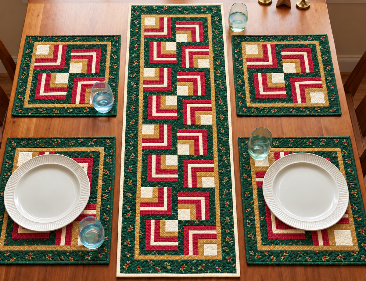 Closer view of the Evergreen Log Cabin Christmas table runner and placemat set with plates and glasses