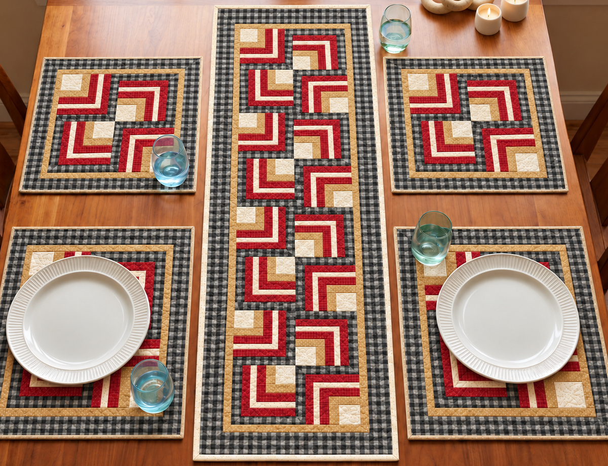 Closer view of the Buffalo Check Log Cabin farmhouse table runner and placemat set with plates and glasses
