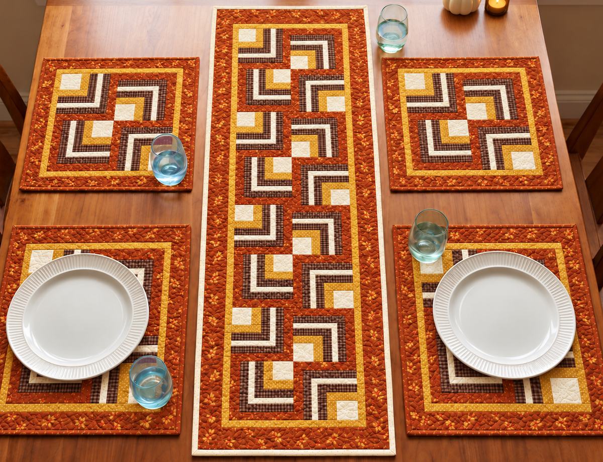 Closer view of the Harvest Hearth Log Cabin fall table runner and placemat set with plates and glasses
