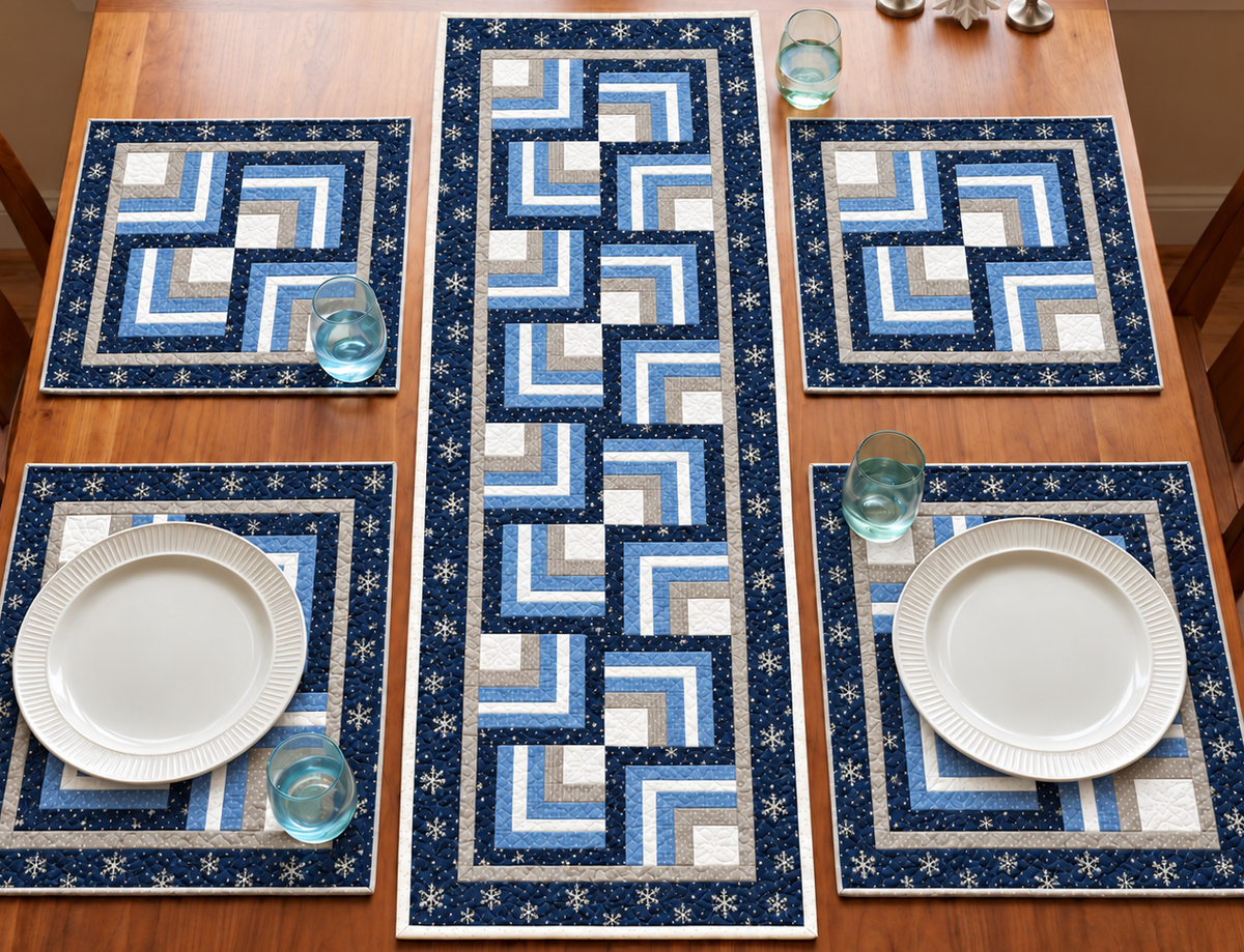 Closer view of the Frosted Snowflake Log Cabin winter table runner and placemat set with plates and glasses