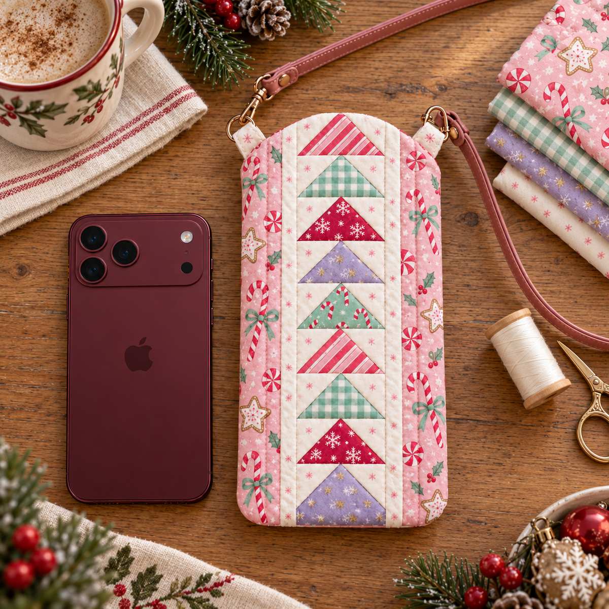 Sugarplum Stroll pink Christmas phone bag on an oak sewing table with coordinating fabric and sewing supplies