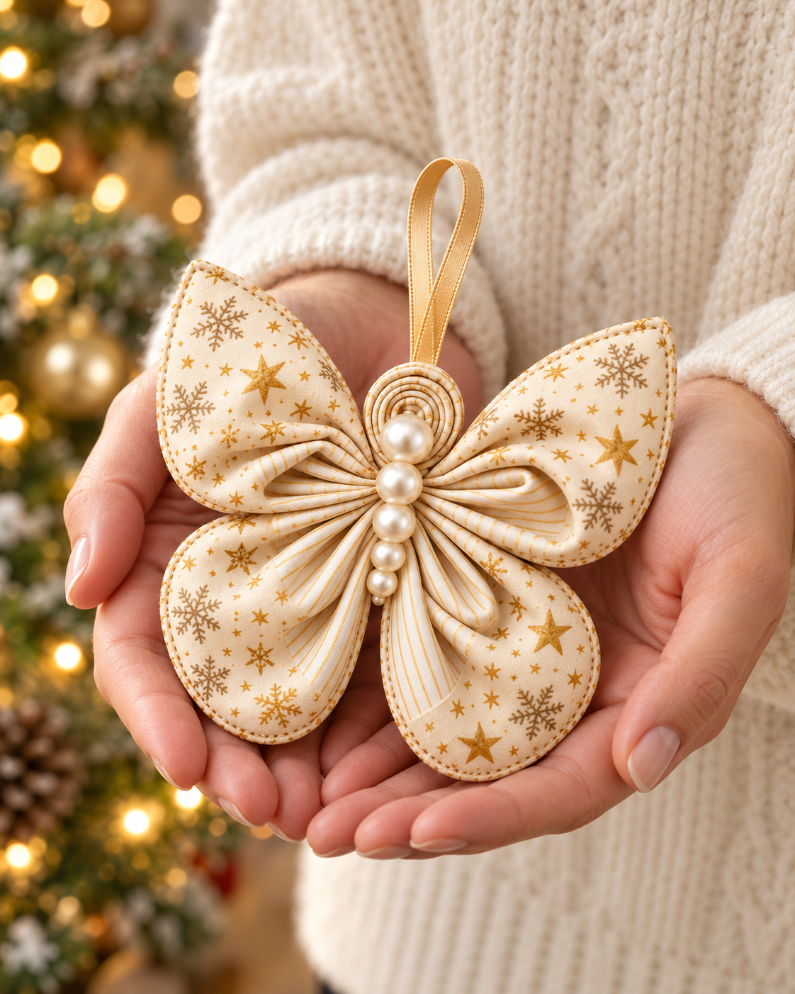 Hands holding a cream and gold star print fabric butterfly Christmas ornament with a gold ribbon hanger