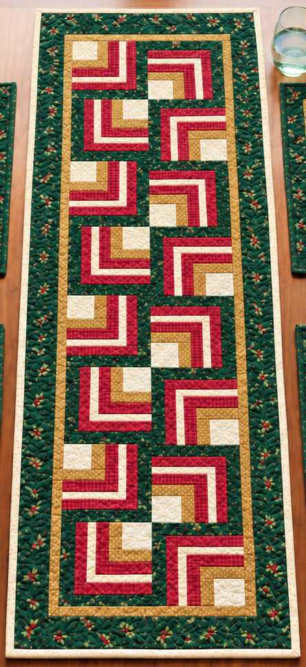 Full Evergreen Log Cabin Christmas quilted table runner showing 16 rotated Log Cabin blocks in holly green, berry red, gold and cream