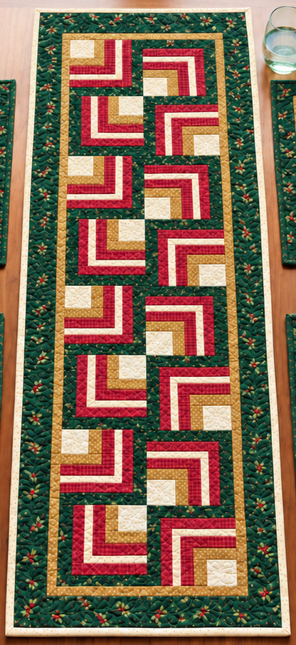 Full Evergreen Log Cabin Christmas quilted table runner showing 16 rotated Log Cabin blocks in holly green, berry red, gold and cream