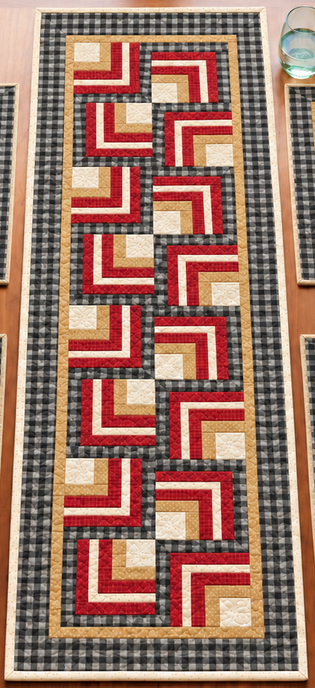 Full Buffalo Check Log Cabin farmhouse quilted table runner showing 16 rotated Log Cabin blocks in black buffalo check, barn red, tan and cream