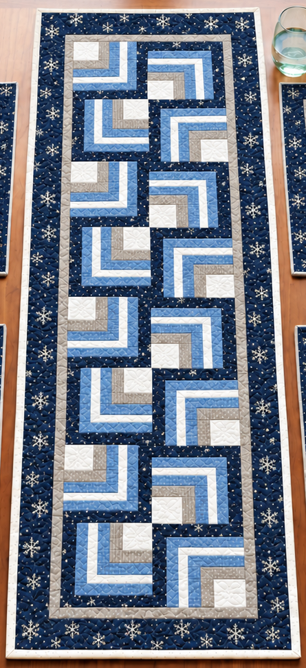 Full Frosted Snowflake Log Cabin winter quilted table runner showing 16 rotated Log Cabin blocks in navy snowflake, ice blue, silver and white