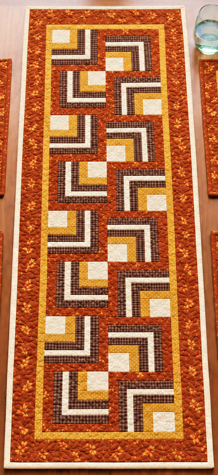 Full Harvest Hearth Log Cabin fall quilted table runner showing 16 rotated Log Cabin blocks in pumpkin orange, cocoa brown, mustard and cream