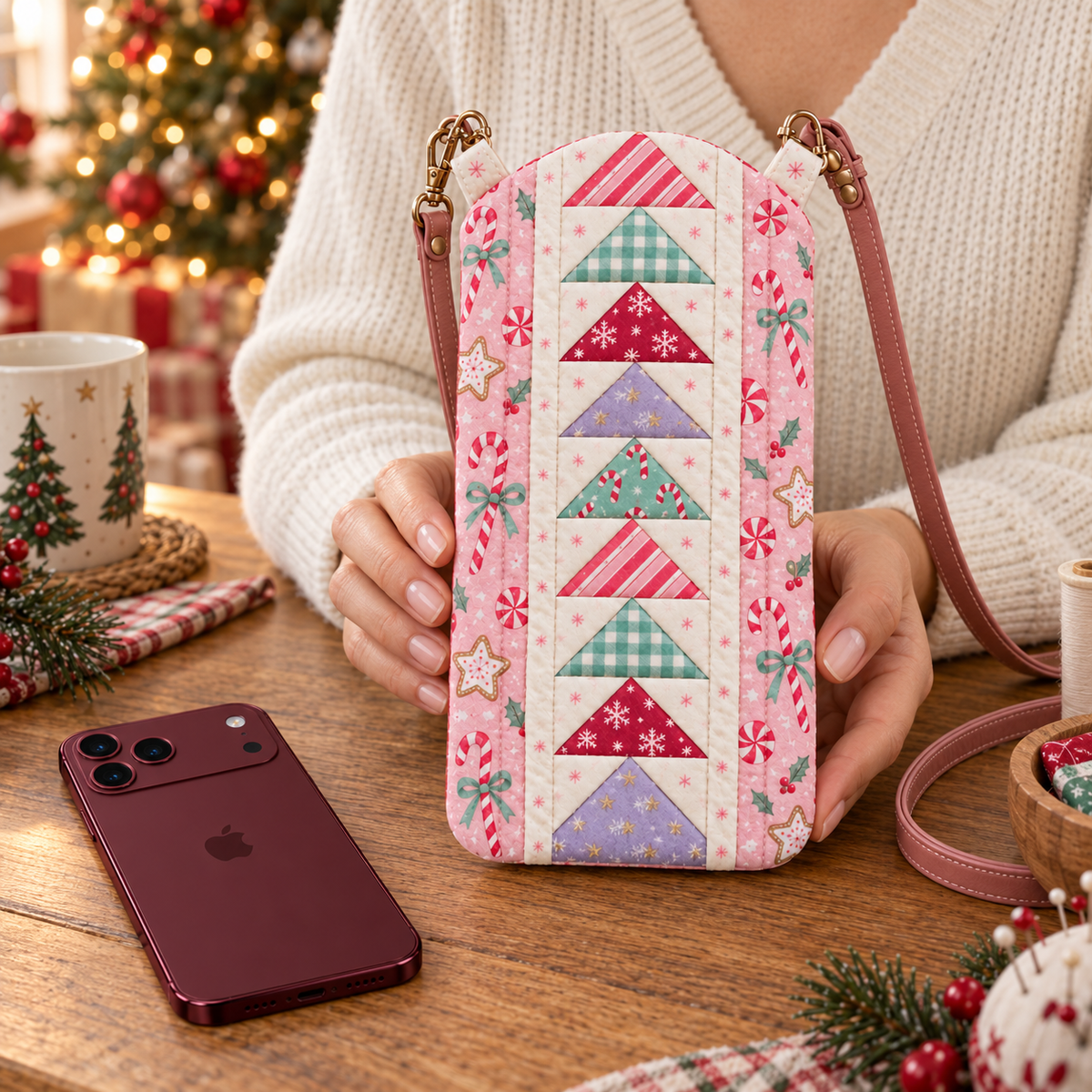 Woman holding the Sugarplum Stroll quilted Christmas phone bag with the full Flying Geese panel visible