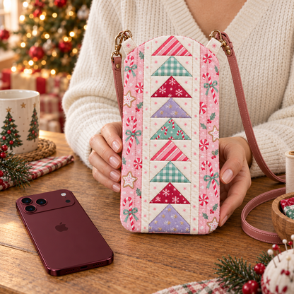 Woman holding the Sugarplum Stroll quilted Christmas phone bag with the full Flying Geese panel visible