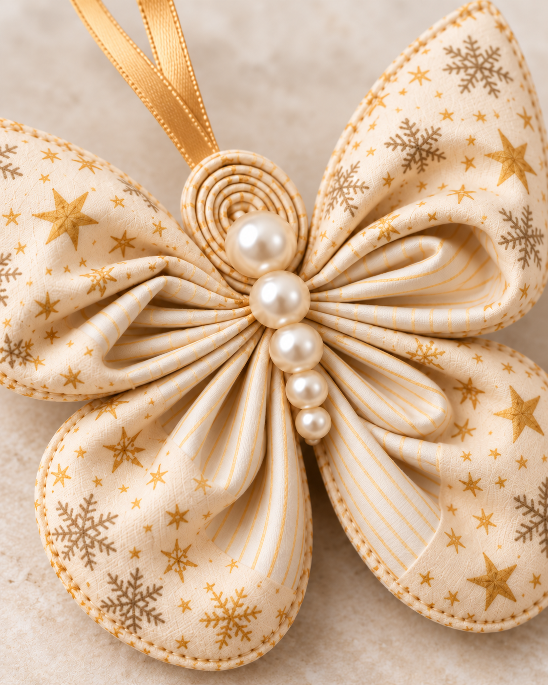 Close-up of a folded fabric butterfly ornament showing accordion pleats, striped lining and pearl bead body