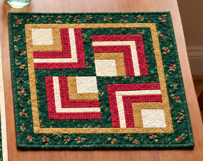 Christmas Log Cabin quilted placemat with a spiral maze of holly green, berry red, gold and cream strips and a narrow inner border