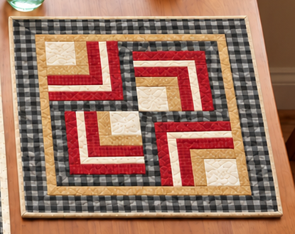 Farmhouse Log Cabin quilted placemat with a spiral maze of barn red, tan and cream strips framed by black buffalo check