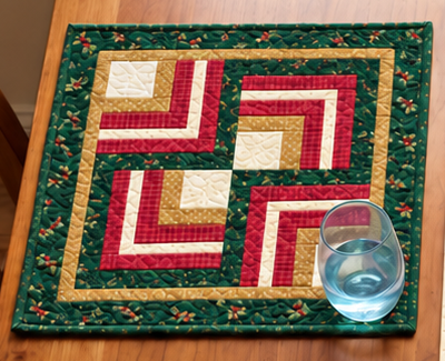 Evergreen Log Cabin Christmas placemat with a water glass, showing four Log Cabin blocks rotated into a pinwheel