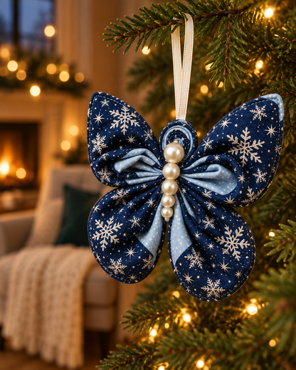 Navy snowflake quilted butterfly ornament hanging on a Christmas tree beside a cozy fireplace