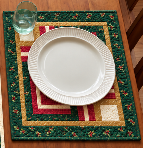 Christmas place setting on an Evergreen Log Cabin quilted placemat with a white plate and glass