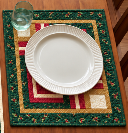 Christmas place setting on an Evergreen Log Cabin quilted placemat with a white plate and glass