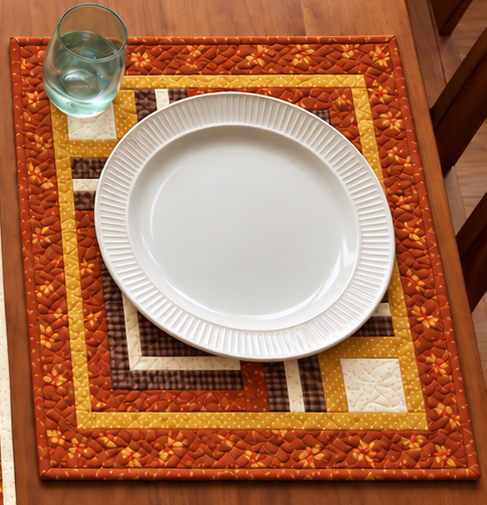 Thanksgiving place setting on a Harvest Hearth Log Cabin quilted placemat with a white plate and glass