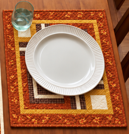 Thanksgiving place setting on a Harvest Hearth Log Cabin quilted placemat with a white plate and glass