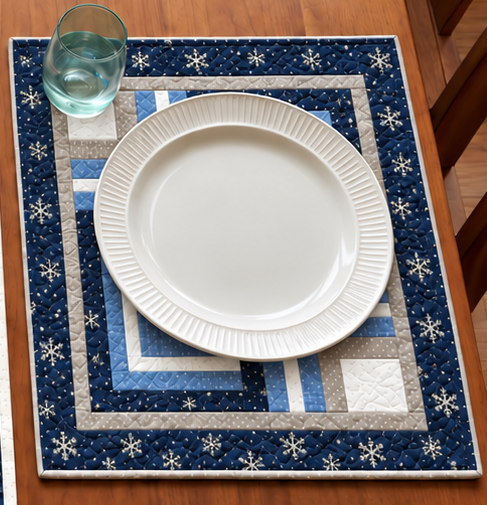 Winter place setting on a Frosted Snowflake Log Cabin quilted placemat with a white plate and glass