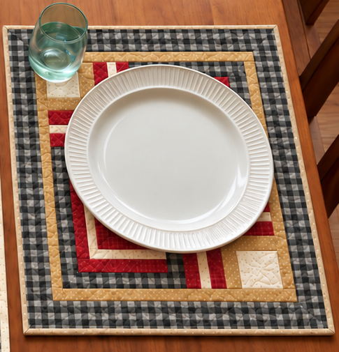 Farmhouse place setting on a Buffalo Check Log Cabin quilted placemat with a white plate and glass