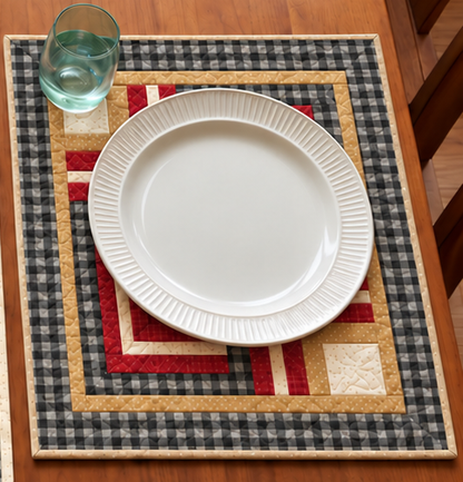 Farmhouse place setting on a Buffalo Check Log Cabin quilted placemat with a white plate and glass