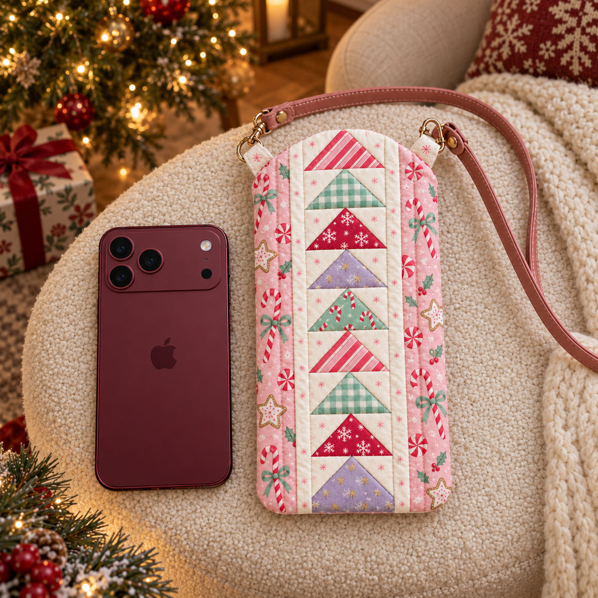 Sugarplum Stroll quilted phone bag and burgundy phone beside a cozy armchair and Christmas tree