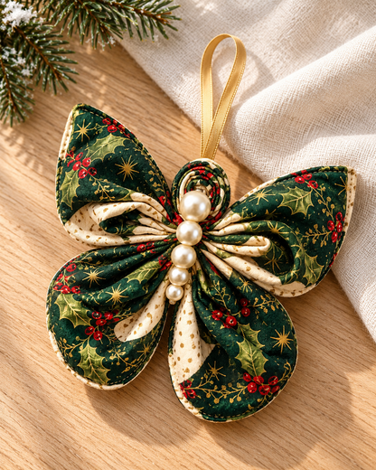 Green holly and red berry fabric butterfly Christmas ornament with gold ribbon on an oak table