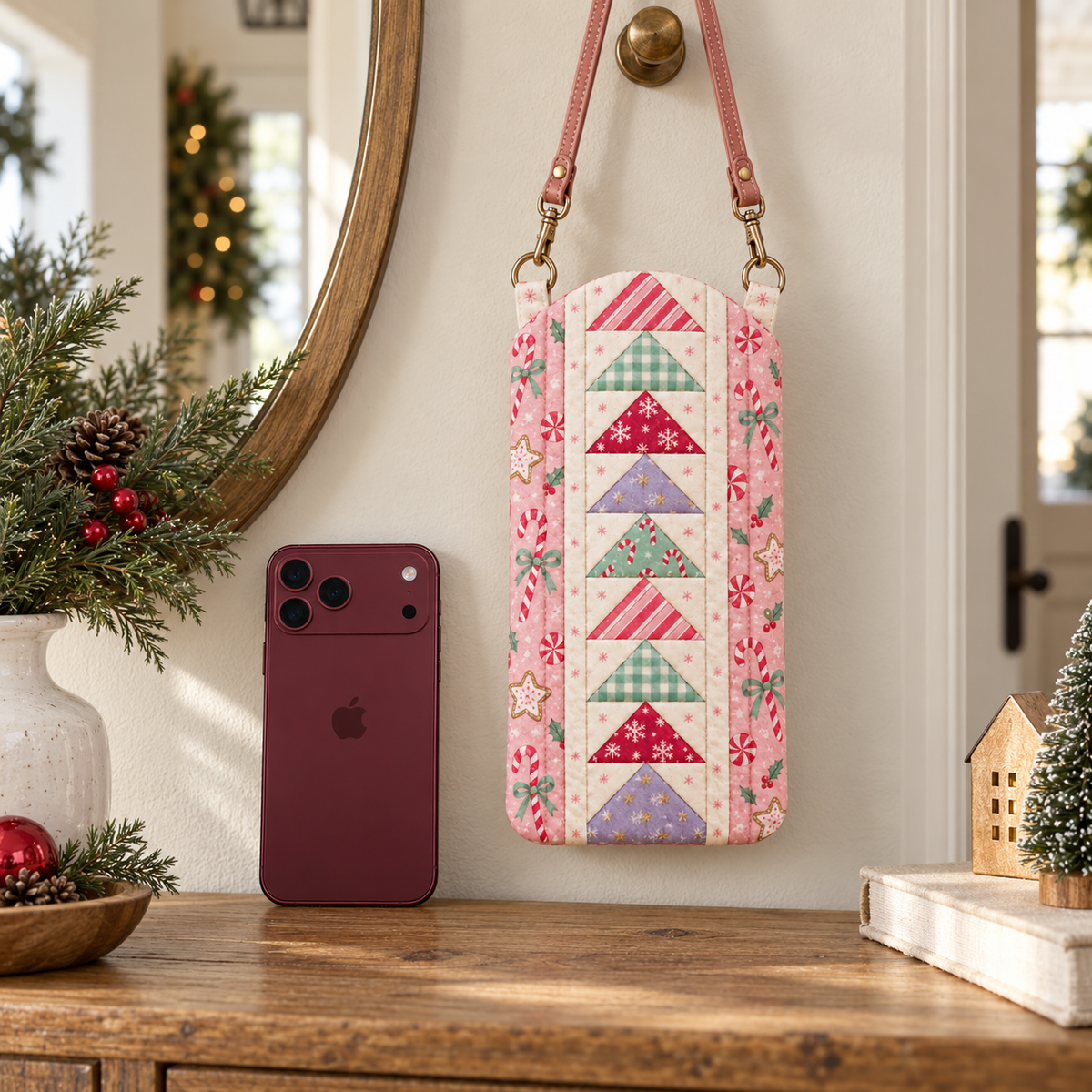 Sugarplum Stroll Christmas phone bag hanging by its blush strap in a bright farmhouse entryway