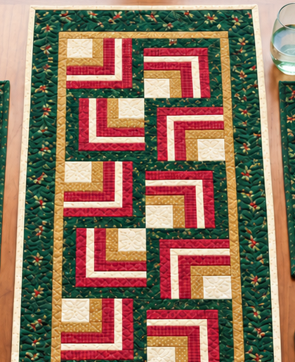 Close-up of the Evergreen Log Cabin Christmas table runner showing Log Cabin strips, cream center squares and quilting