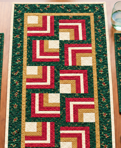 Close-up of the Evergreen Log Cabin Christmas table runner showing Log Cabin strips, cream center squares and quilting