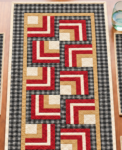 Close-up of the Buffalo Check Log Cabin farmhouse table runner showing Log Cabin strips, cream center squares and quilting