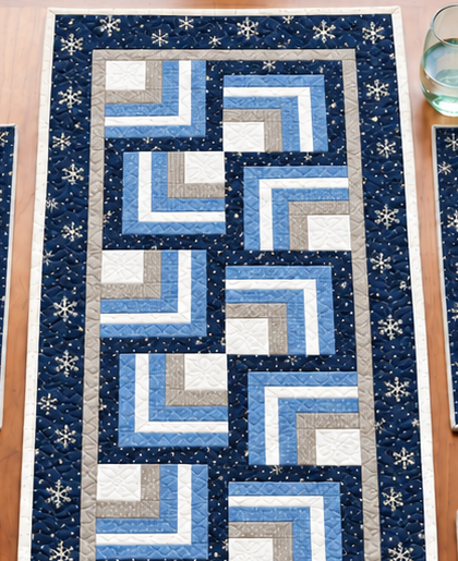 Close-up of the Frosted Snowflake Log Cabin winter table runner showing Log Cabin strips, white center squares and quilting